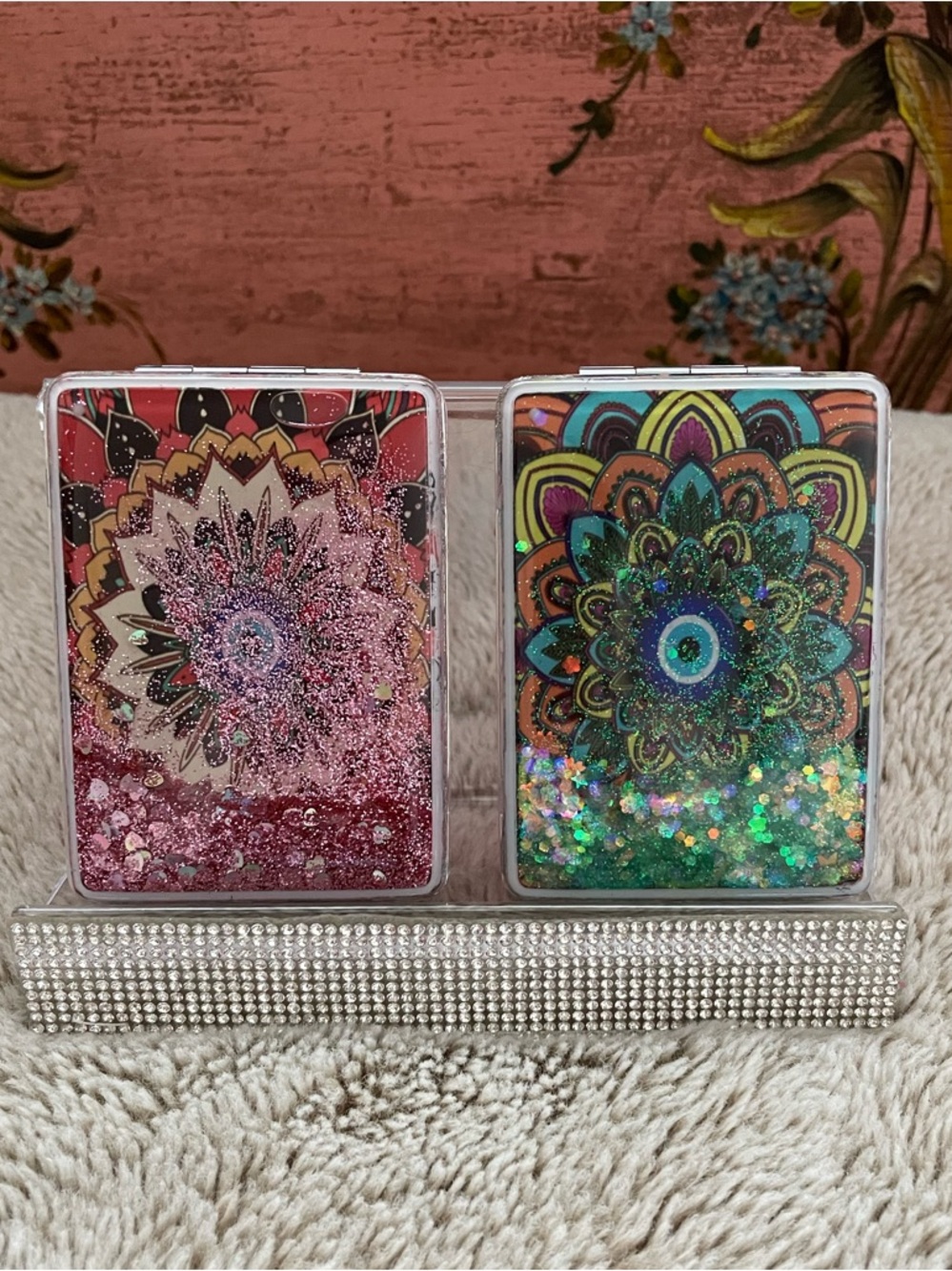Glittery Mandala Evil Eye Mirrors - Pink or Green - Picture 3 of 4